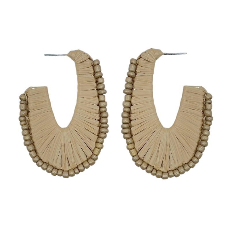 RAFFIA BEADED WRAP OVAL HOOP EARRINGS - TAN