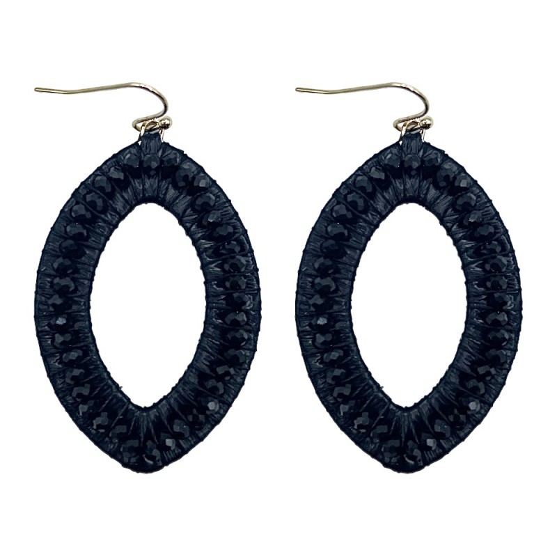 RAFFIA CRYSTAL WRAP MARQUISE HOOP EARRINGS - BLACK