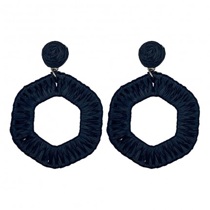 RAFFIA BEADED WRAP HEXAGON HOOP EARRINGS - BLACK 