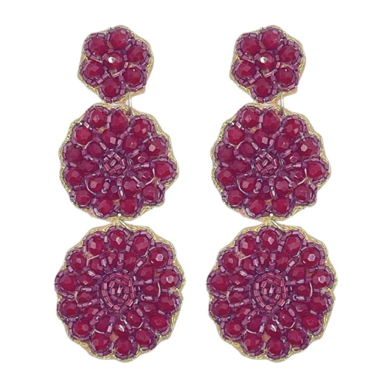 CRYSTAL BEADED TIERED FLOWER EARRINGS - BURGUNDY