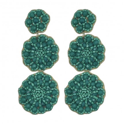 CRYSTAL BEADED TIERED FLOWER EARRINGS - GREEN