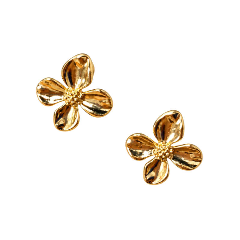 GOLD FOUR-PETAL FLOWER STUD EARRINGS
