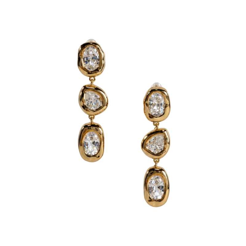 CRYSTAL TRIPLE-DROP EARRINGS - GOLD