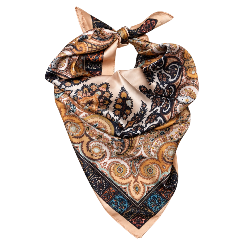 PAISLEY SILK SCARF - PEACH/NAVY
