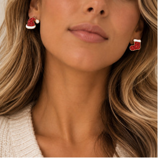 RHINESTONE HAT & STOCKING EARRINGS - RED