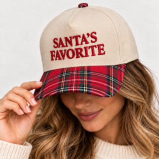 SANTA'S FAVORITE PLAID TRUCKER HAT - RED