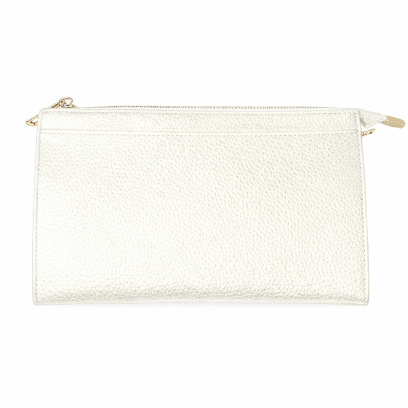 TEXTURED VEGAN LEATHER CLUTCH/CROSSBODY - METALLIC IVORY 