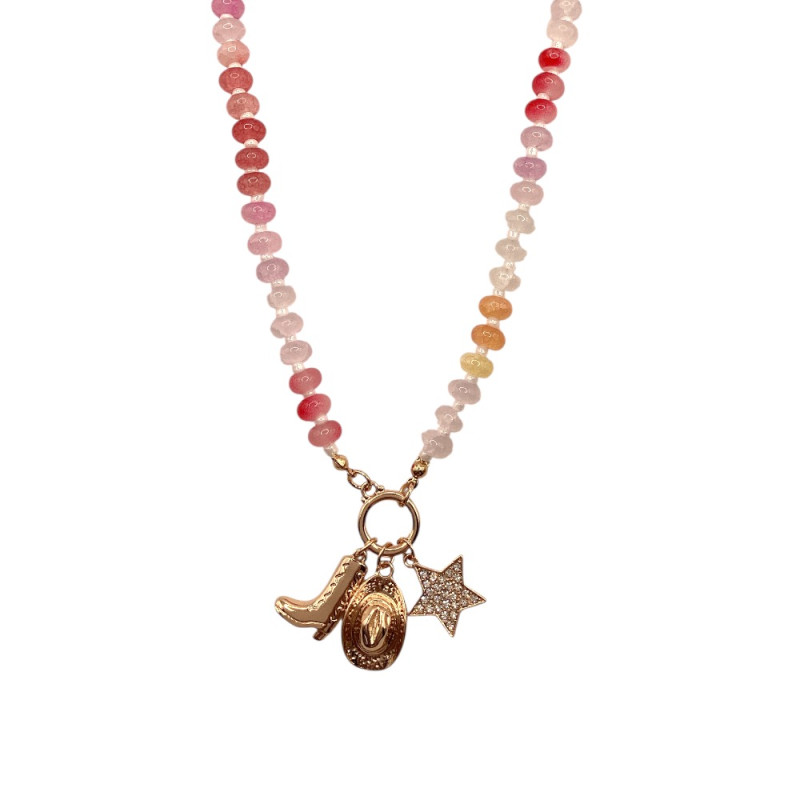 BEADED CHARM NECKLACE - PINK 