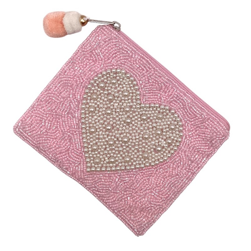 SEED BEAD COIN BAG - WHITE HEART 