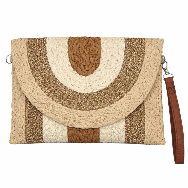 STRAW SHOULDER BAG - BEIGE & BROWN 