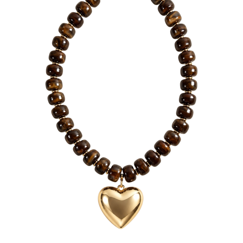 BEADED HEART NECKLACE - BROWN