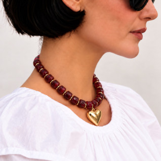 BEADED HEART NECKLACE - BURGUNDY