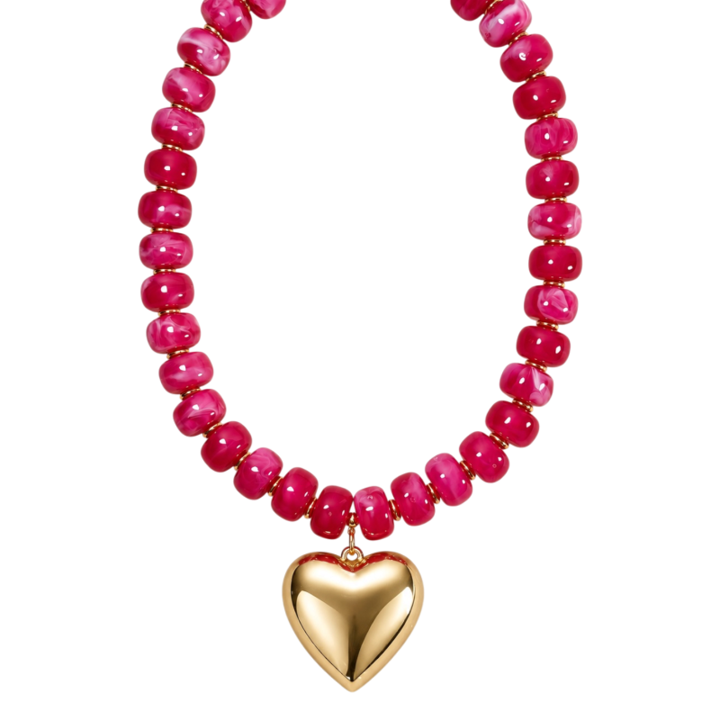 BEADED HEART NECKLACE - HOT PINK