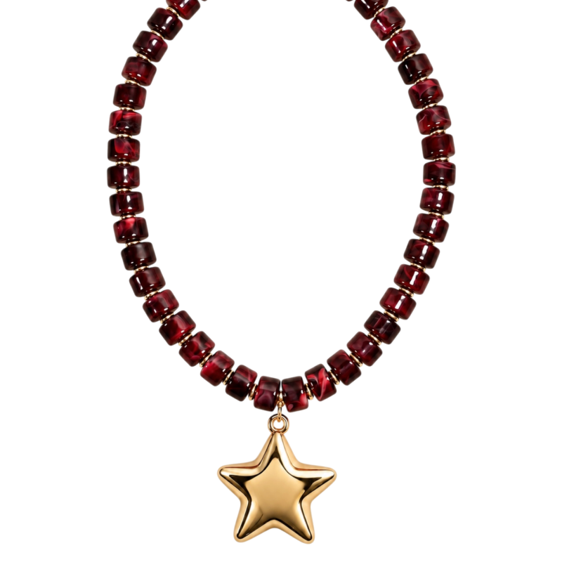 BEADED STAR NECKLACE - BURGUNDY