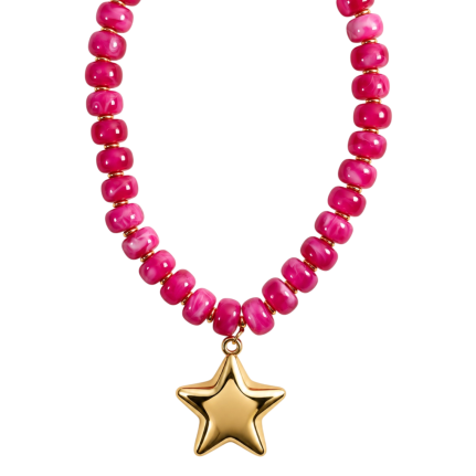BEADED STAR NECKLACE - HOT PINK