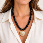 BLACK BEADED NECKLACE - HEART PENDANT