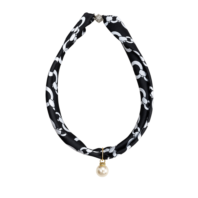 SCARF NECKLACE W/ PEARL - CHAIN-PRINT