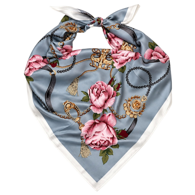 EQUESTRIAN FLORAL SILK SCARF - DUSTY BLUE