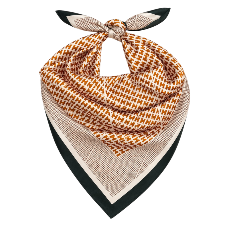 GEOMETRIC SILK SCARF - FOREST GREEN/COGNAC