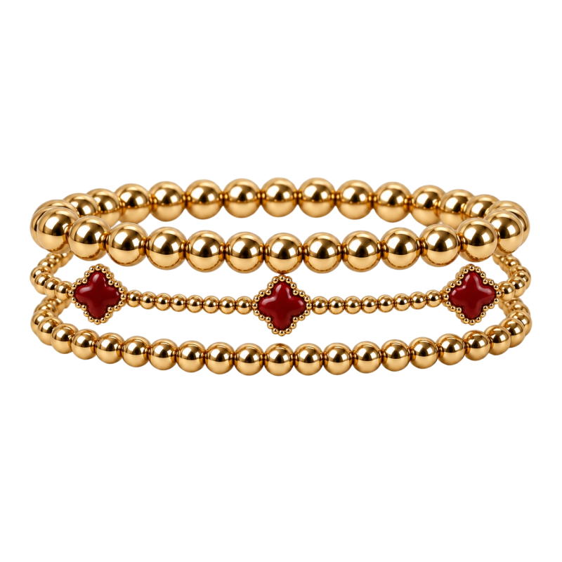 GOLD-TONE CLOVER BRACELET STACK - RED