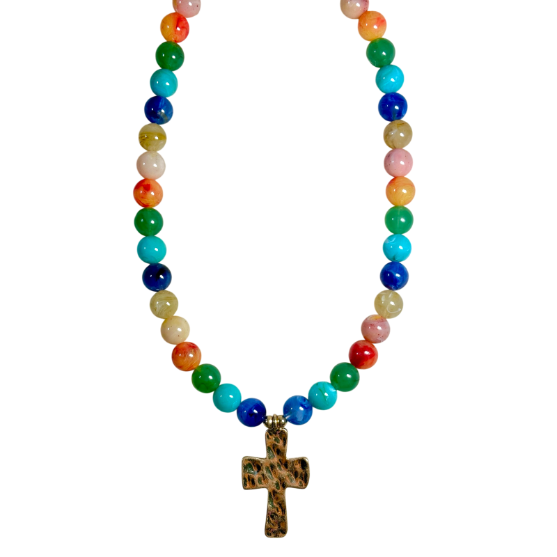 MULTICOLOR BEADED NECKLACE - CROSS PENDANT