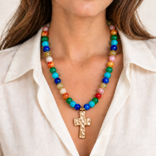 MULTICOLOR BEADED NECKLACE - CROSS PENDANT