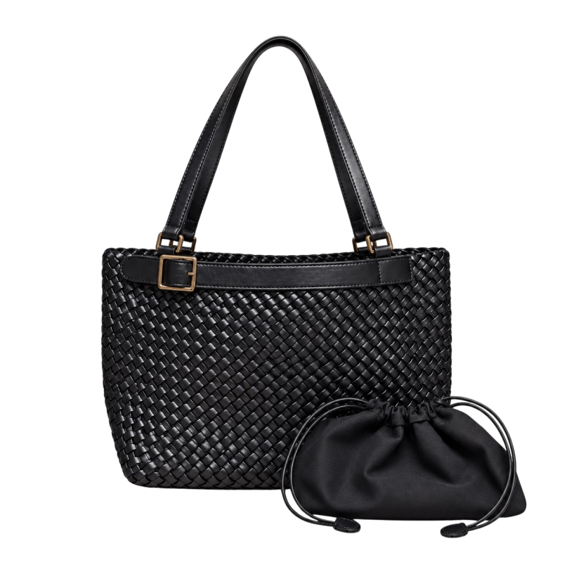 WOVEN BUCKLE TOTE SET - BLACK