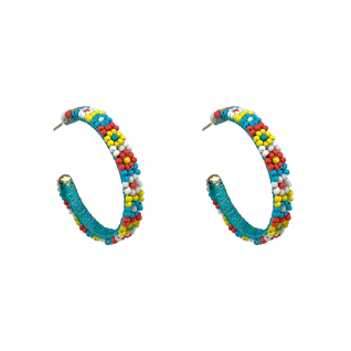 SEED BEAD FLOWER HOOPS - BLUE 
