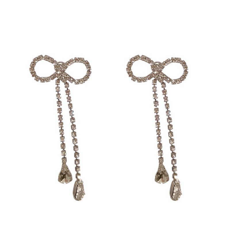 LONG DROP RIBBON RHINESTONE BOW - SILVER 