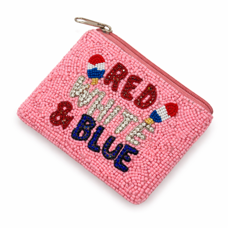 SEED BEADED COIN PURSE - RED WHITE & BLUE 