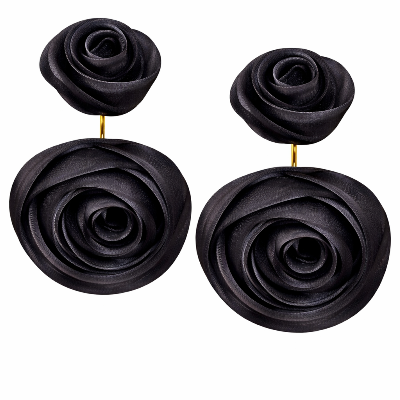 FLOWER DROP DOWN EARRINGS - BLACK 
