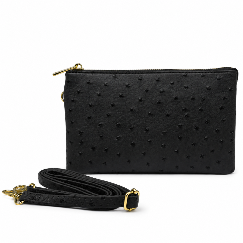 OSTRICH COMPARTMENT CROSSBODY OR WRISTLET - BLACK 