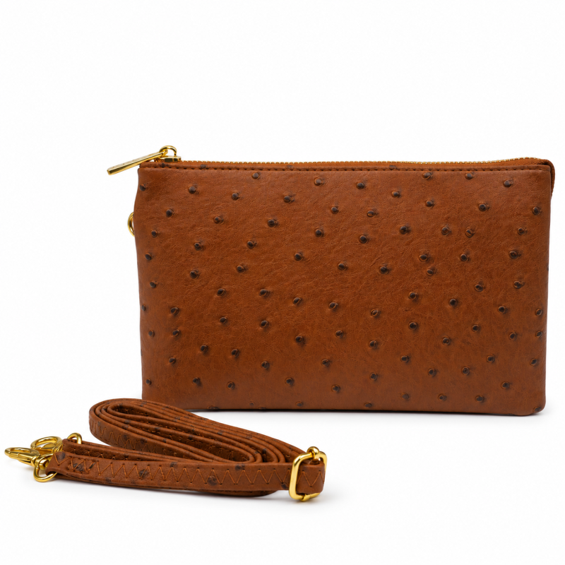 OSTRICH COMPARTMENT CROSSBODY OR WRISTLET - CAMEL 