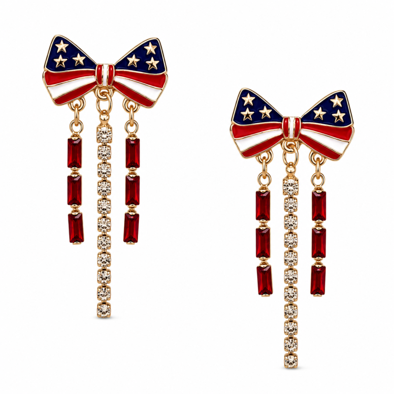 RHINESTONE BOW EARRINGS - FLAG 