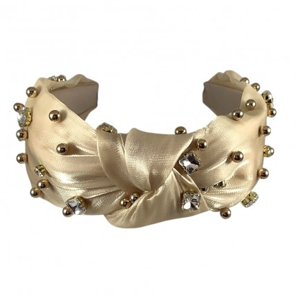 GEM & GOLD PEARLS KNOT HEADBAND - BEIGE 