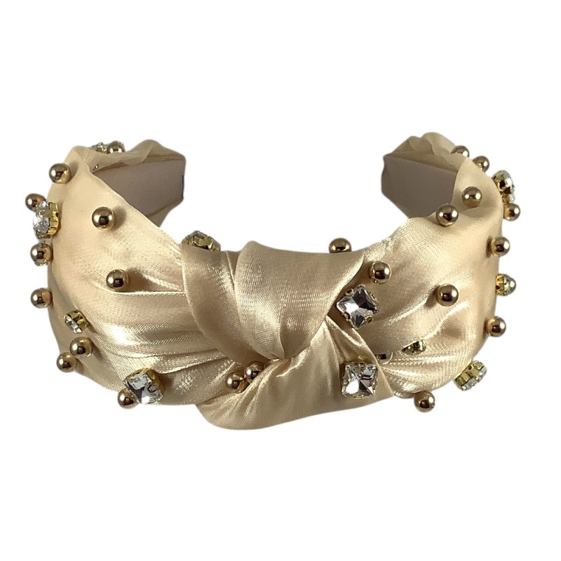 GEM & GOLD PEARLS KNOT HEADBAND - BEIGE 
