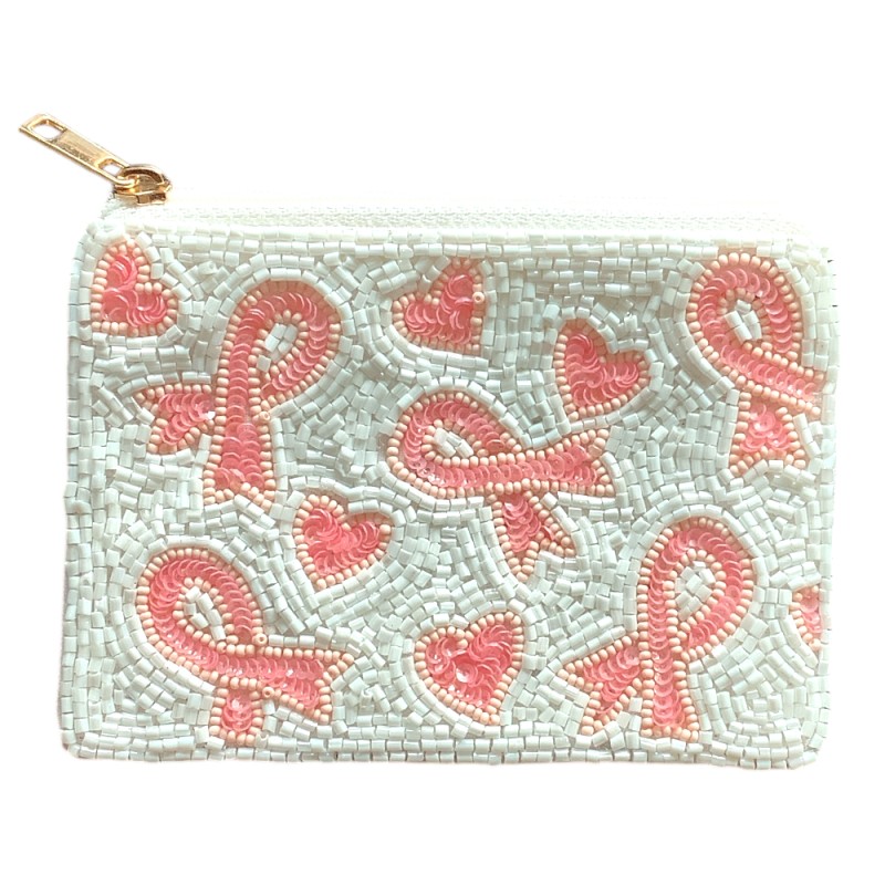 SEED BEAD COIN PURSE - PINK RIBBON 