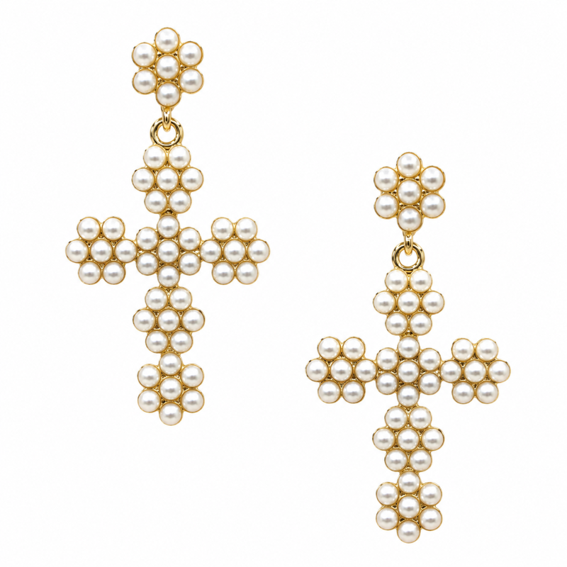 PEARL CROSS EARRINGS - GOLD