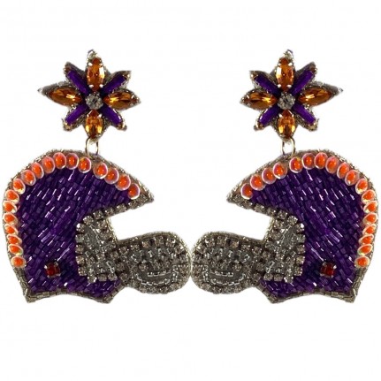 SEED BEAD HELMET EARRINGS - PURPLE & ORANGE 