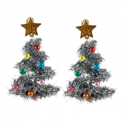 TINSEL CHRISTMAS TREE EARRINGS - SILVER 
