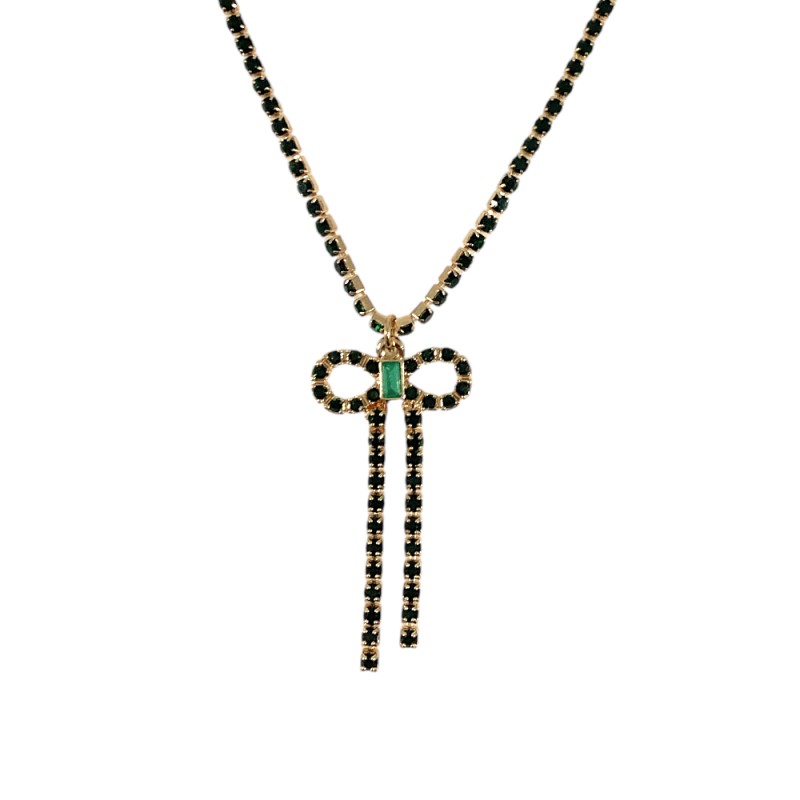RHINESTONE NECKLACE BOW - EMERALD 