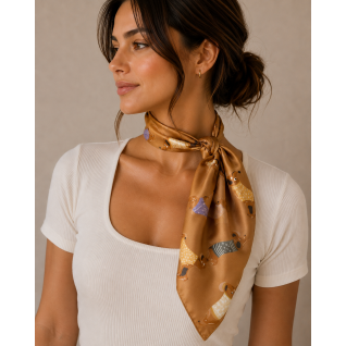 PRINT SILK SCARF - BEIGE 