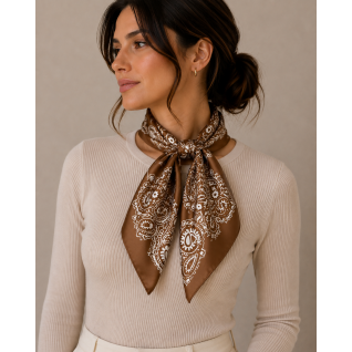 PRINT SILK SCARF - BROWN 