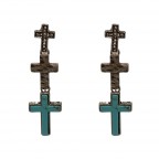 BOHEMIAN DROP CROSS EARRINGS - TURQUOISE & SILVER 