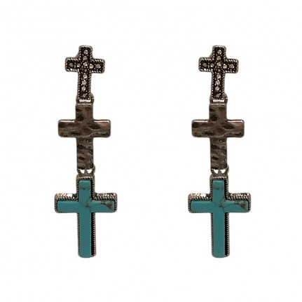 BOHEMIAN DROP CROSS EARRINGS - TURQUOISE & SILVER 