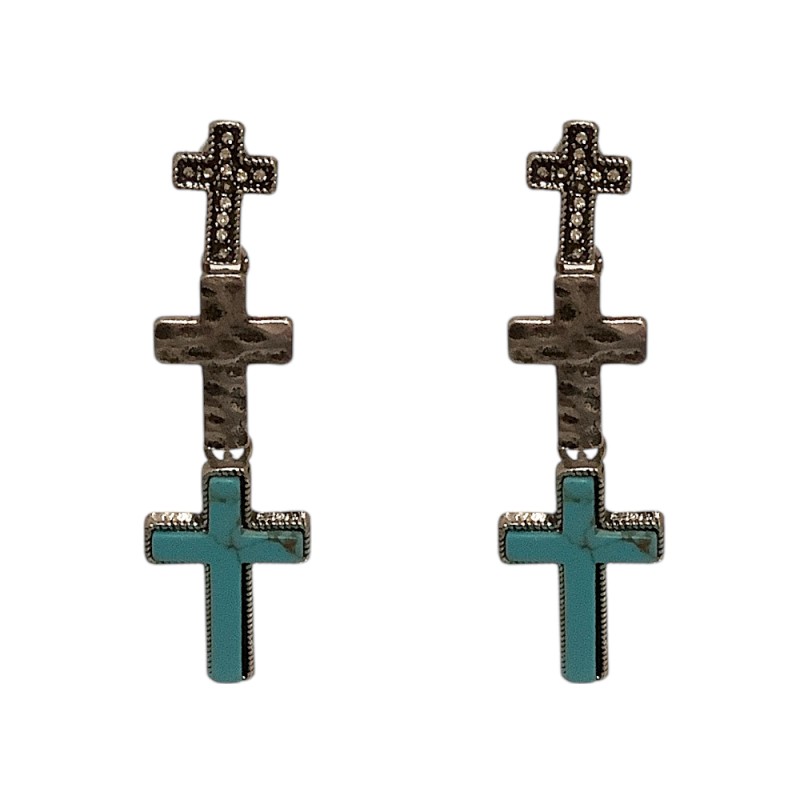 BOHEMIAN DROP CROSS EARRINGS - TURQUOISE & SILVER 