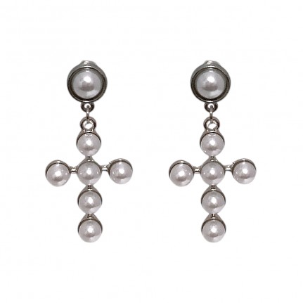 PEARL CROSS DROP EARRINGS - SILVER DIPPED 