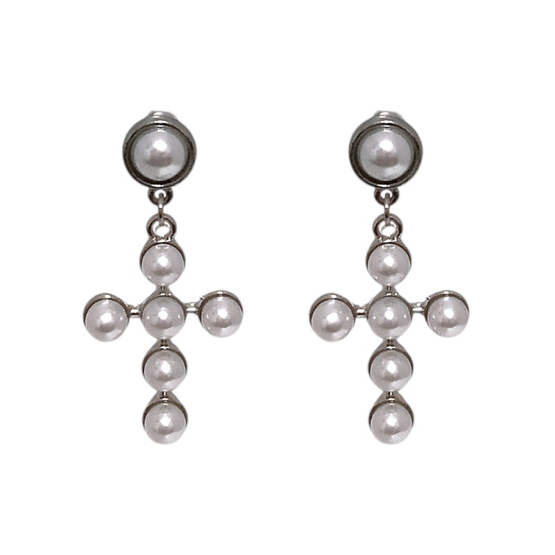 PEARL CROSS DROP EARRINGS - SILVER DIPPED 