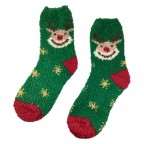 FUZZY CHRISTMAS SOCKS - GREEN REINDEER 