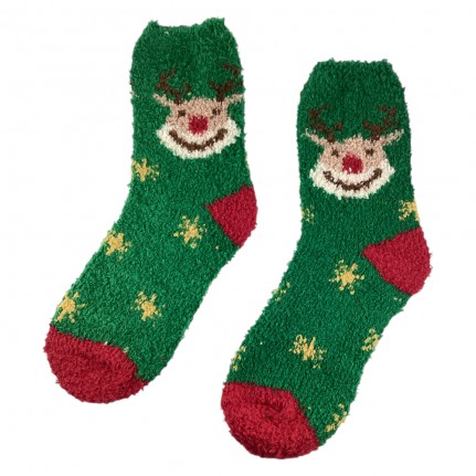 FUZZY CHRISTMAS SOCKS - GREEN REINDEER 
